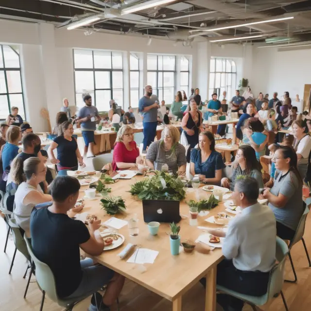 An ocean filled with employees participating in various wellness initiatives: stress management seminars, cooking classes, financial programs, and fitness challenges