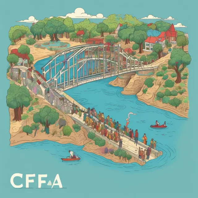 A bridge with cultural symbols from West African countries crossing a river of CFA franc bills, symbolizing economic cooperation.