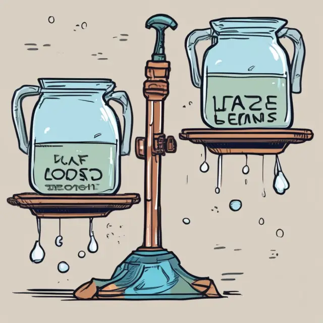A balanced scale holds two jugs: one with water flowing signifying wet loans and the other empty for dry loans, emphasizing the contrast in loan processes and risk.