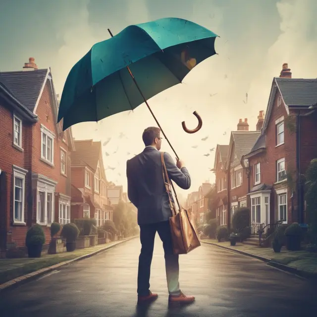 Buyer holding an umbrella with a mortgage offer instead of a key, representing wet loans in practice