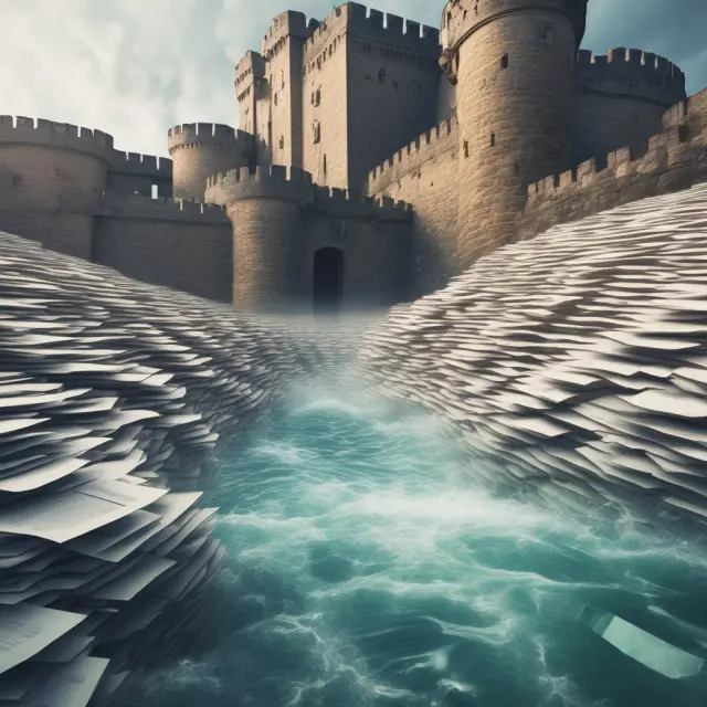 A digital river of loan documents flowing through a fortified castle, representing the impact of technology on the traditional wet loan process