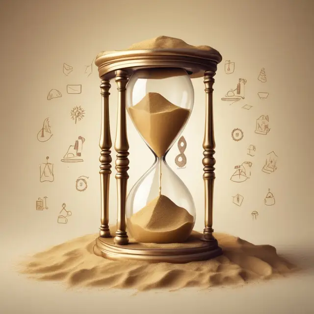 A golden hourglass pouring sand from finance to technology symbols, reflecting Wharton