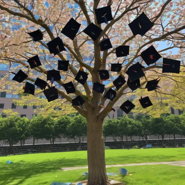 A tree adorned with graduation caps representing successful alumni of The Wharton School