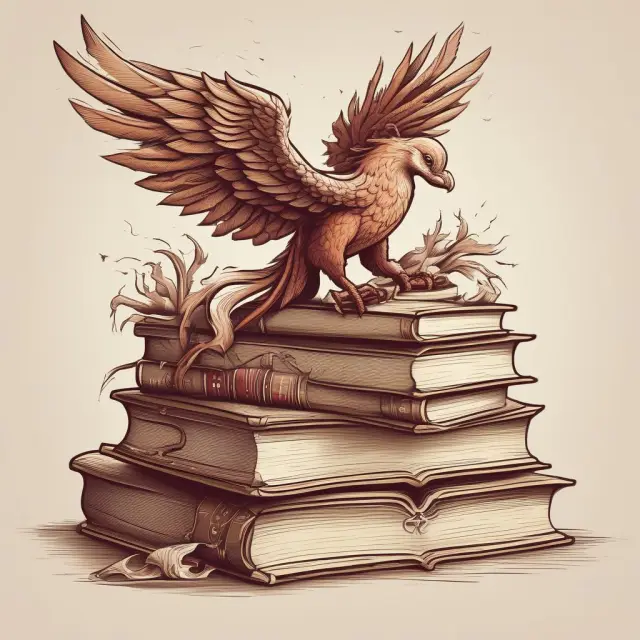 An image of a majestic phoenix emerging from a pile of books and documents, representing the historical significance and ongoing growth of The Wharton School