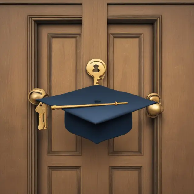 Wharton education symbolized by a graduation cap revealing a golden key, opening the door to numerous career opportunities