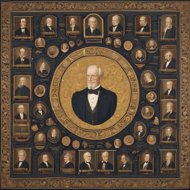 Golden tapestry featuring portraits of successful Wharton graduates and symbols of professional achievement