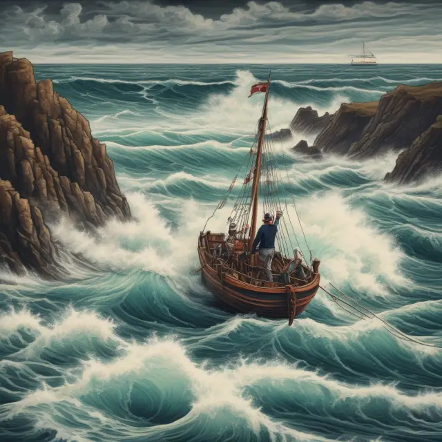 A turbulent sea symbolizes stock price whipsaws, while a sailor uses long straddle options as oars to navigate