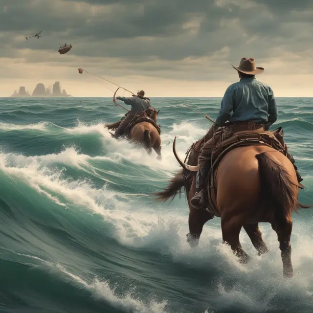 Four wise traders, each holding a bullwhip, bravely steering their boats through choppy financial market waters filled with whipsaws