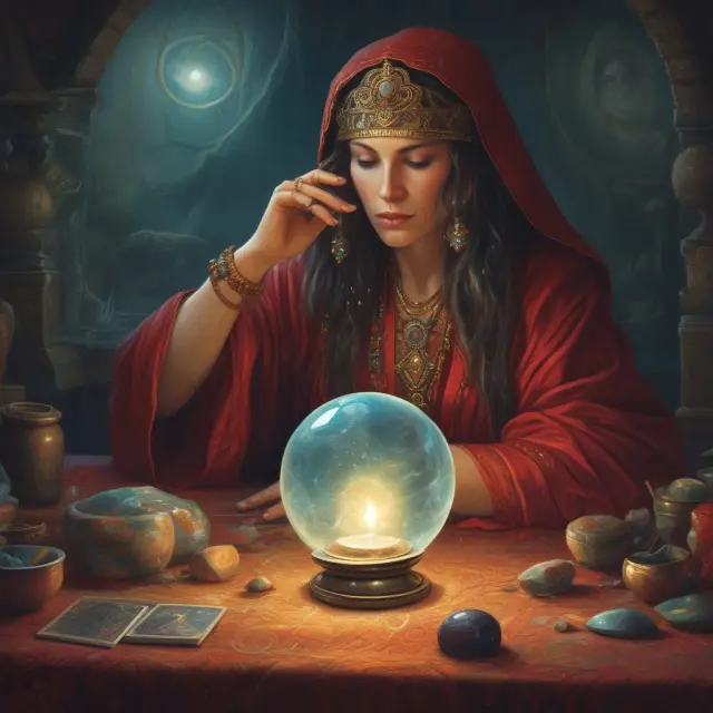 An mystic oracle holding a crystal ball filters and separates genuine whispers from false rumors in the bustling stock market scene.