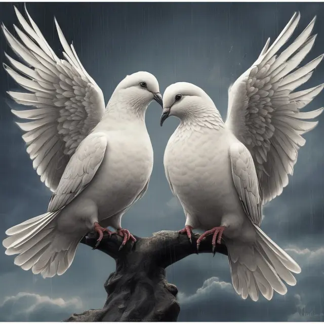 Two doves conversing amidst a tumultuous sea of graphs and charts, representing the significance of rumors in driving stock price movements.