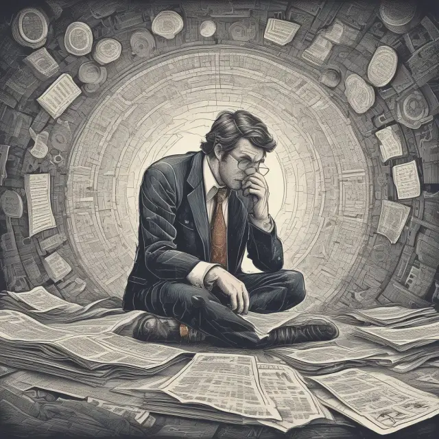 Stock trader examining enigmatic whispers in a maze of financial news for potential profit opportunities