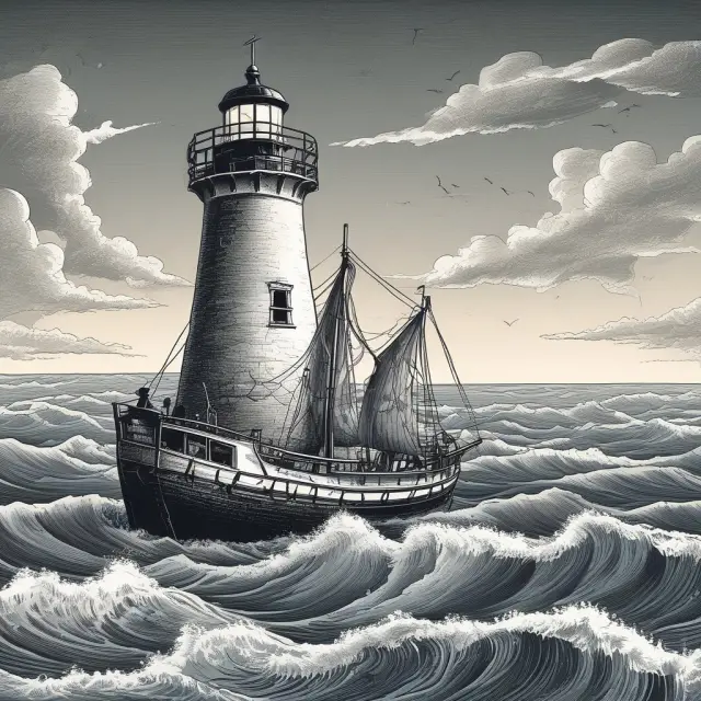 A trader on a boat navigates through a stormy sea filled with market rumors, guided by a lighthouse representing due diligence to ensure successful trading