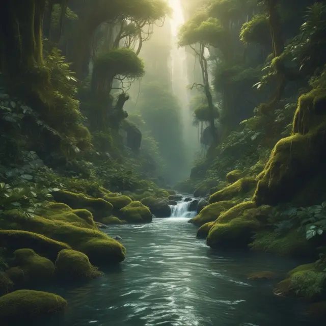 An insidious, meandering river symbolizing insider information in the financial jungle, representing whisper stocks