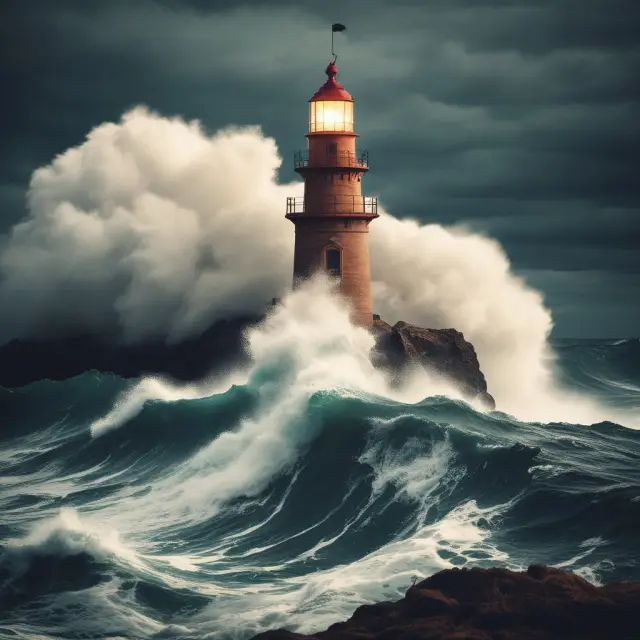 Lighthouse illuminating dark waters, representing reporting and revealing hidden truths