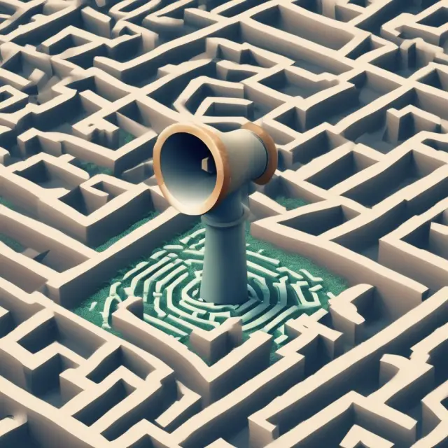 Whistleblower with a megaphone in a corporate labyrinth, promoting transparency