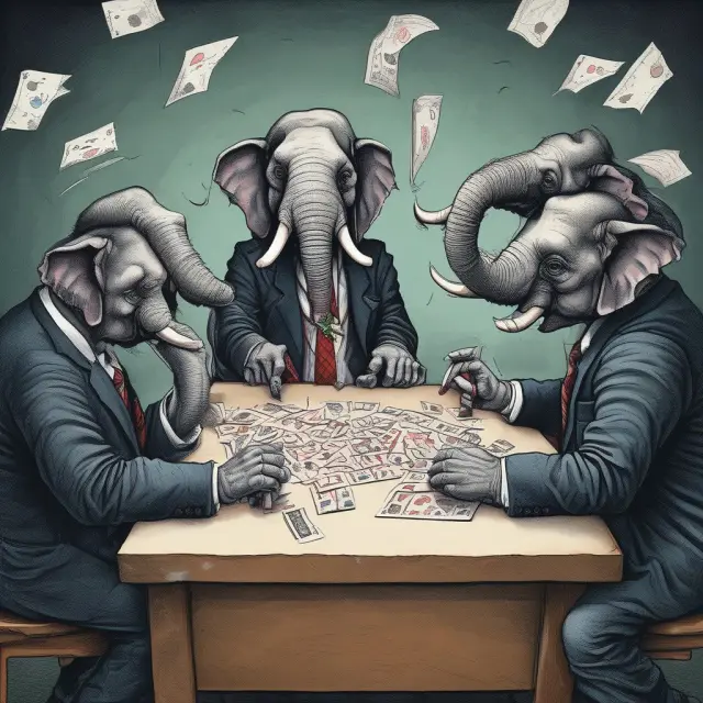 A group of elegantly dressed white-collar criminals playing cards, with each suit representing a type of white-collar crime - securities fraud, insider trading, corporate fraud, and money laundering.