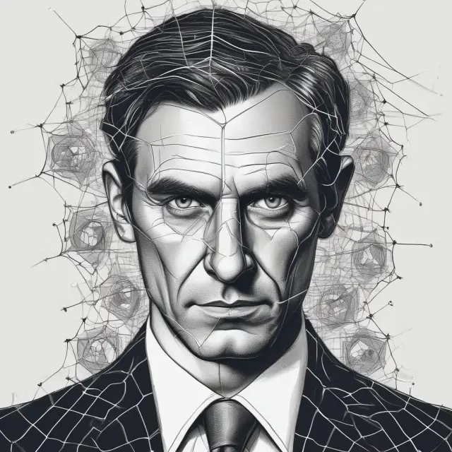 Art depicting white-collar criminals intertwining Ponzi, insider trading, and money laundering webs, symbolizing deceitful financial scams.