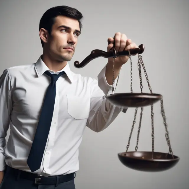 Justice scales balanced between offender and victim, symbolizing white-collar crime penalties: legal consequences, fines, restitution, regulatory actions, careers, and reputations