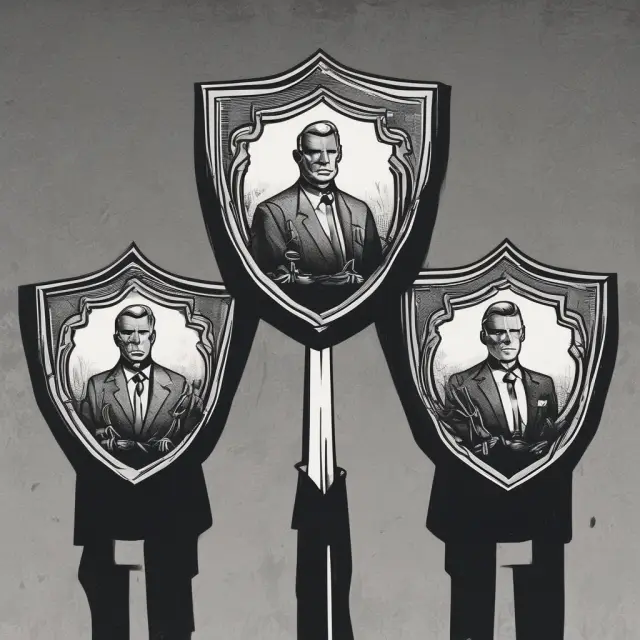 Four interconnected shields representing the SEC, FINRA, FBI, and state authorities united to combat a shadowy figure symbolizing white-collar criminals.