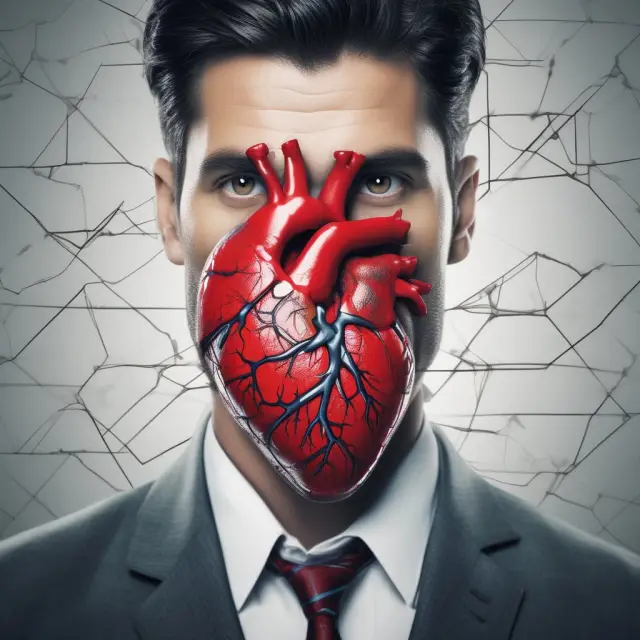 Psychologist inspecting a complex human heart with white-collar crime motives symbolized as intricate swirls