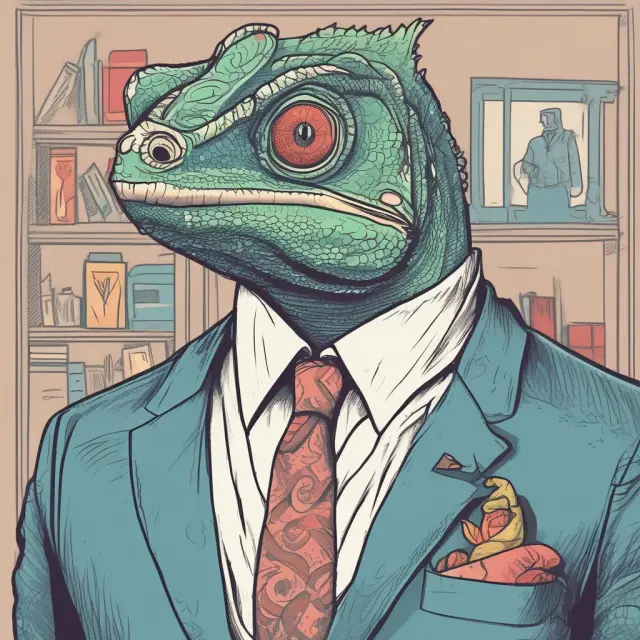 A chameleon wearing a business suit metaphorically illustrates the ability of white-collar criminals to blend in and deceive