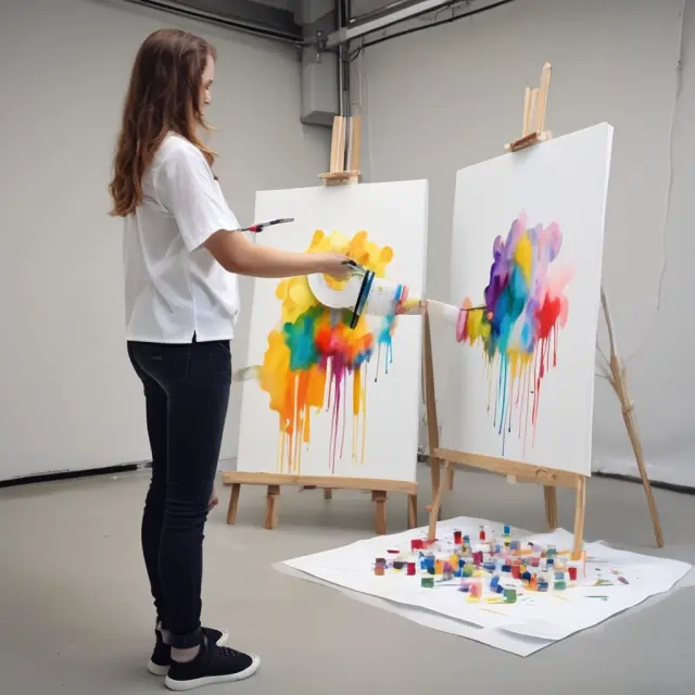 An assortment of diverse businesses, each holding a paintbrush, painting on a large, interconnected canvas - symbolizing collaboration and innovation within white labeling.