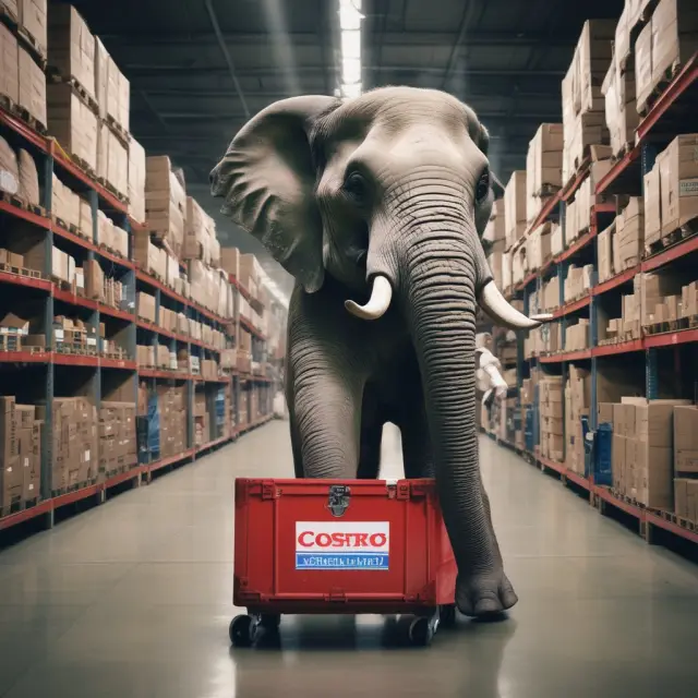 White elephant carrying a treasure chest filled with various consumer goods labeled 