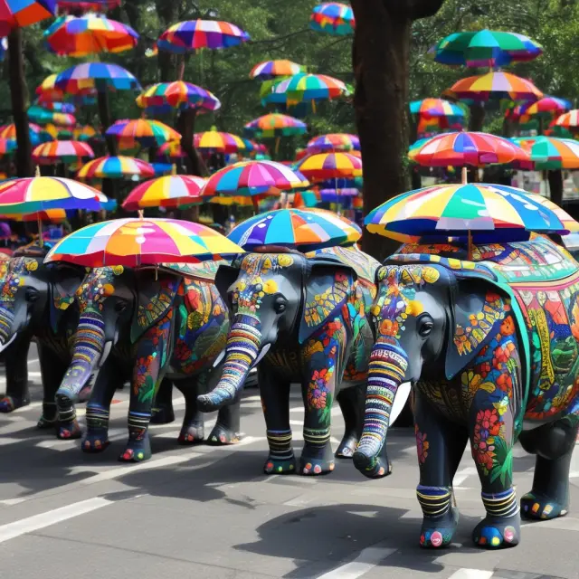 Twelve distinct elephants each holding a different colored umbrella, illustrating major surplus lines insurers