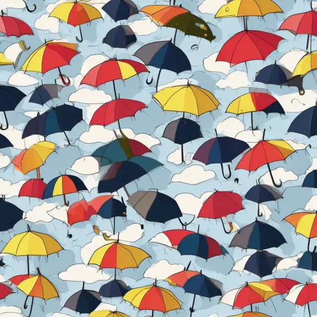 An oversized umbrella with various risk elements (construction site, cybersecurity icon, unusual objects) under its canopy, symbolizing surplus lines insurance coverage for diverse risks.