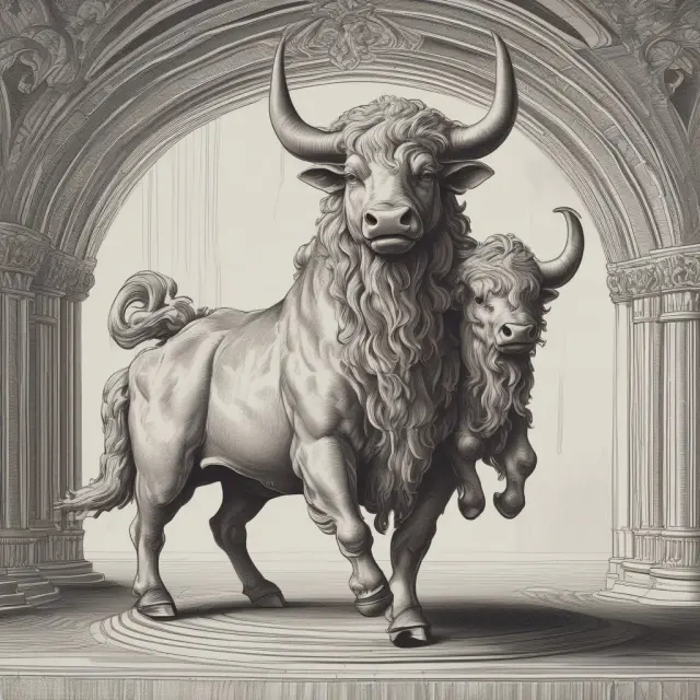 A successful bull holds a white candlestick with extended upper and lower wicks, symbolizing key resistance and support levels in markets.