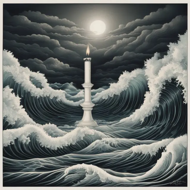 A white candlestick amidst stormy sea waves, representing the confusing concept of bearish white candlesticks in stock markets