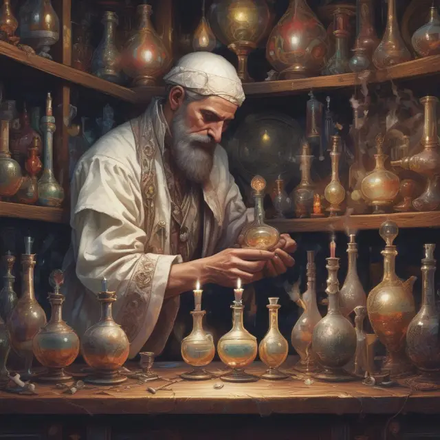 An alchemist analyzing intricate formations within white candlesticks to uncover hidden market insights