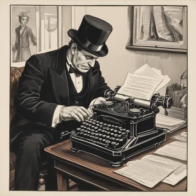 Man examining documents at a vintage typewriter, reflecting the historical context of white-collar work and its association with administrative tasks