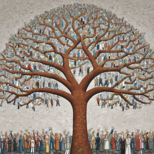 A diverse group of professionals climbing a towering tree made of books and graduation caps, emphasizing education and advancement in white-collar careers