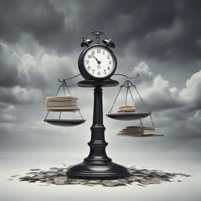 An image of a scale with papers piling up on one side, representing workload, while clocks ticking under an overcast sky emphasize long hours and pressure in white collar jobs.