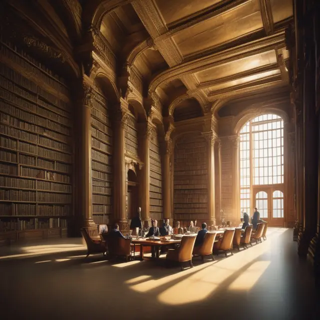 A group of suited executives discussing strategy around an ornate table in a magnificent library filled with gold-embossed business books.