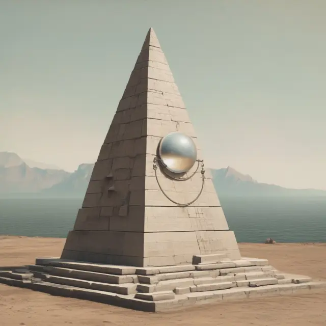 An unfinished pyramid structure represents white elephant real estate projects, with a crystal ball at its top symbolizing the elusive potential for profit and eventual resolution.