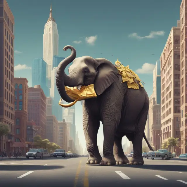 An elephant symbolizing government-funded white elephants carrying a golden ticket, surrounded by cityscape, emphasizing missed opportunities.