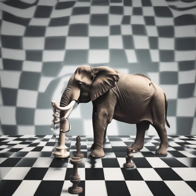 Monarch pondering next move on a chessboard while holding a white elephant, representing governments funding costly projects
