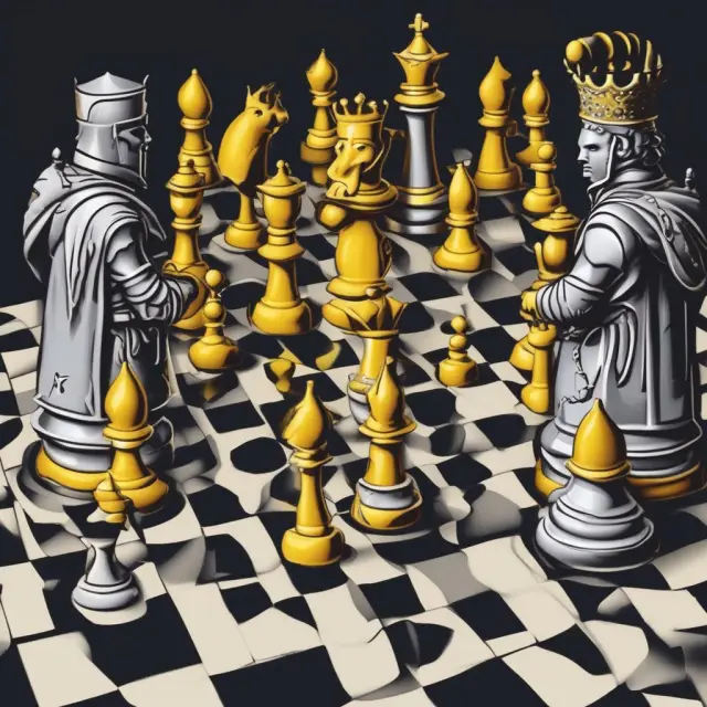 A chessboard populated by white, gray, and yellow knights engaged in a metaphorical mergers and acquisitions tournament.