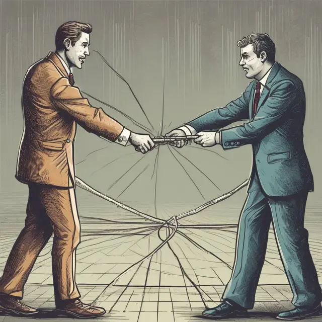 Determined acquirer vs. unyielding target company in a tense tug of war, symbolizing the challenge of successful hostile takeovers