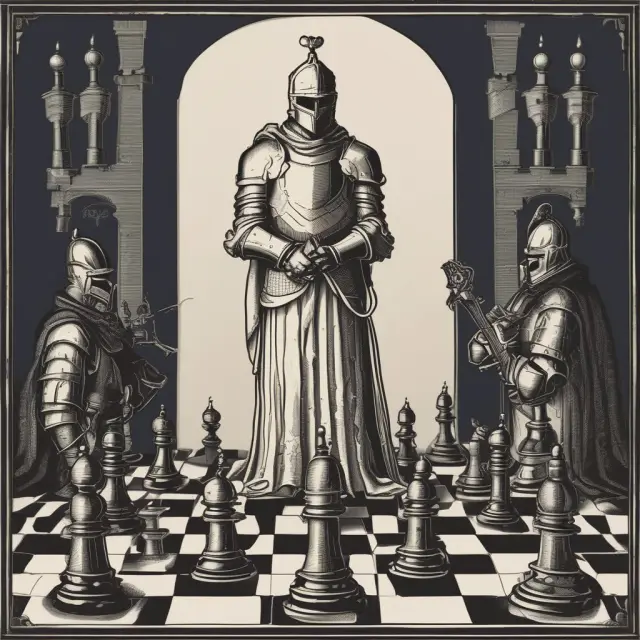 A white knight protects vulnerable pawns from the black knight in a game of corporate finance, illustrating friendly acquisitions.