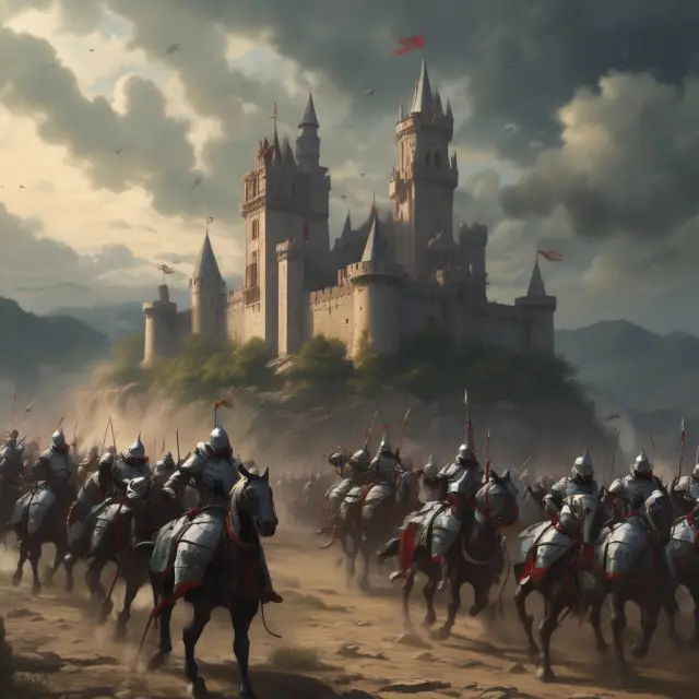 White knights on horseback valiantly charging towards a besieged castle, symbolizing their role in defensive strategies against unwelcome takeovers