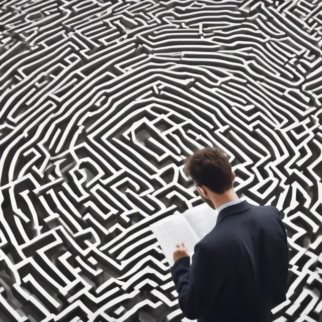 An insightful professional investor engrossed in a white paper, surrounded by stacks of documents, symbolizing informed decision-making and valuable knowledge