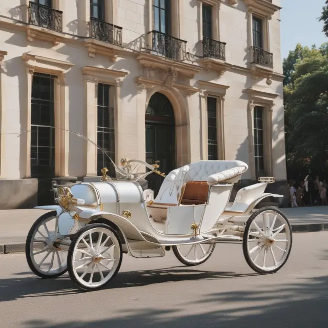 A classic carriage transporting white oxford shoes through the streets, representing the prestigious reputation and history of white shoe firms.