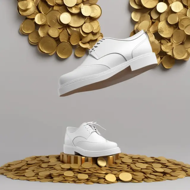 A pair of white oxford shoes atop a stack of golden coins, representing the prestigious reputation and wealth associated with white shoe firms