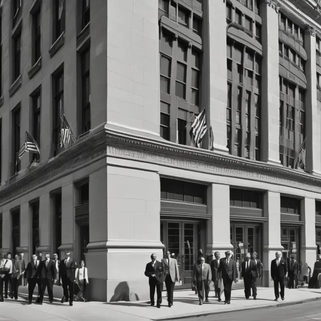 Two historical white-shoe firms symbolically represented as towering giants, one crumbling with bankruptcy while the other is being absorbed by a larger firm through merger.