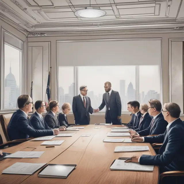 Directors and auditor examining documents at a boardroom table, ensuring ABC Company