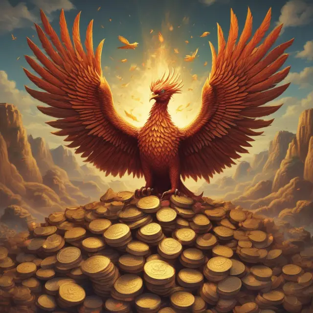 A mythical Phoenix emerging from a mound of gold coins, symbolizing the security and flexibility of a whole life annuity due.