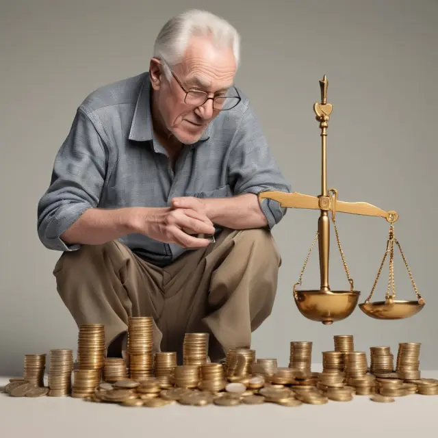 A senior man considers his options: an immediate annuity payment and a pile of lump sum coins representing the choice between a steady income stream or a large one-time investment during retirement.
